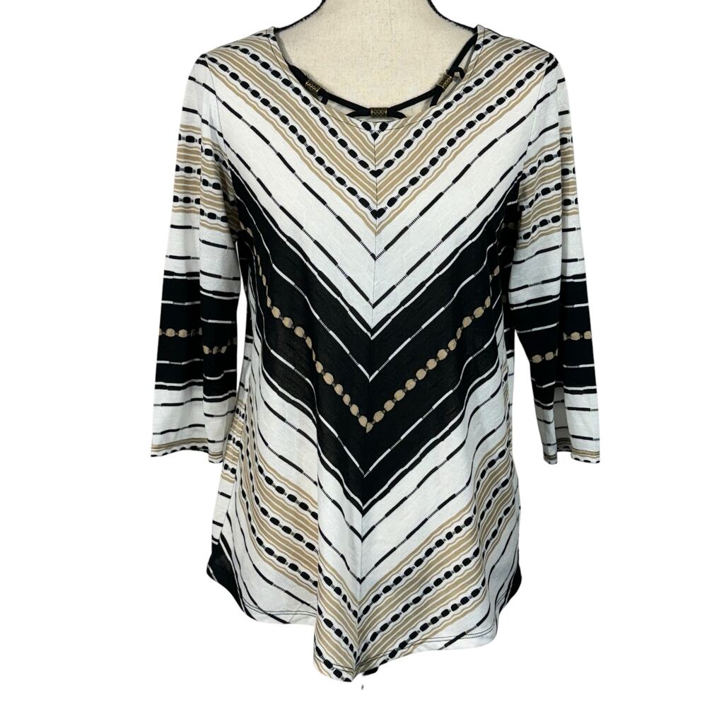 Alfred Dunner Small Top Geometric Stretch 3/4 Sleeve Round Neck Semi-Sheer Multi